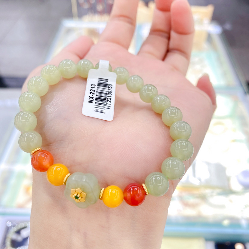 Boutique Fashion Natural Hetian Jade Bracelet Creative Hetian Jade Small Flower Beeswax Bracelet All-Match Women's Gift Bracelet