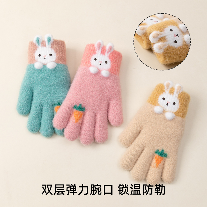 Winter Warm Children's Gloves Primary School Students Finger Baby Boys and Girls Cute Cartoon Knitted Wool Five Finger Wholesale