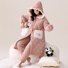 三层夹棉袄睡衣女款秋冬季珊瑚绒加绒加厚可爱长版睡袍家居服套装