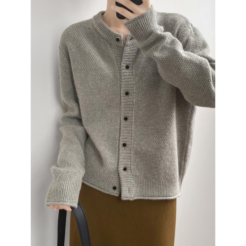 Women's Cardigan Sweater Korean Style Autumn and Winter New Simple Long Sleeve Lazy round Neck Single-Breasted Knitted Loose Coat Top