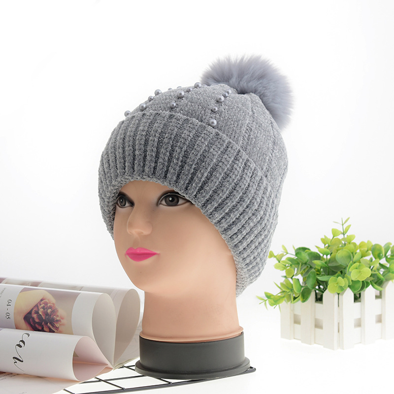 Hat Female Autumn and Winter Korean Style Versatile Student Wool Hat Fashion Pearl Sleeve Cap Thickened Warm Knitted Hat