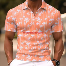 男子的Polo衫高尔夫衫椰子树图形印花翻领户外街道短袖纽扣印花服
