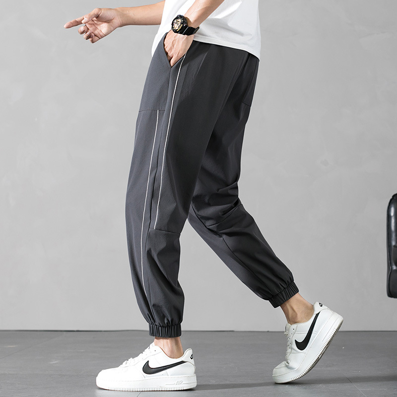 Summer Ice Silk Pants Men's Casual Pants Thin Loose Straight Ankle-Tied Cropped Tooling Sports Pants Men's Breathable