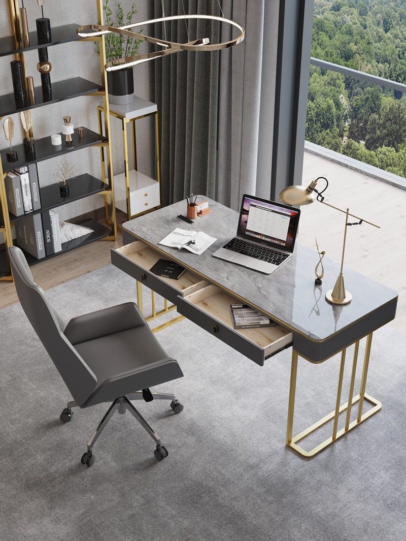 书桌轻奢灰色现代设计感极简写字台家用办公桌岩板笔记本电脑桌椅