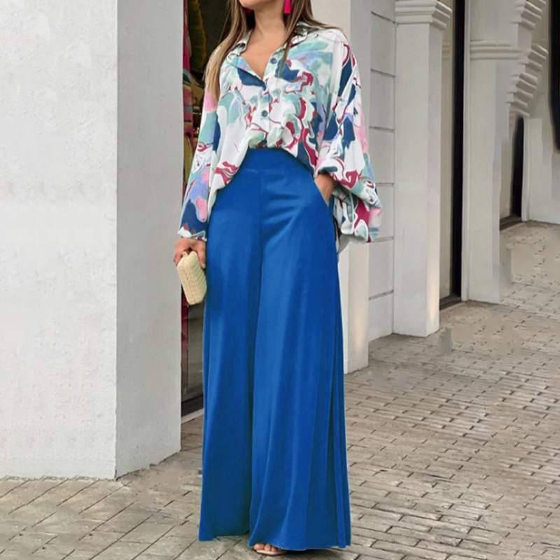women clothes European and American Women's Clothing Independent Station Spring Ebay Printed Shirt Elegant Wide Leg Pants Fashion Casual Set