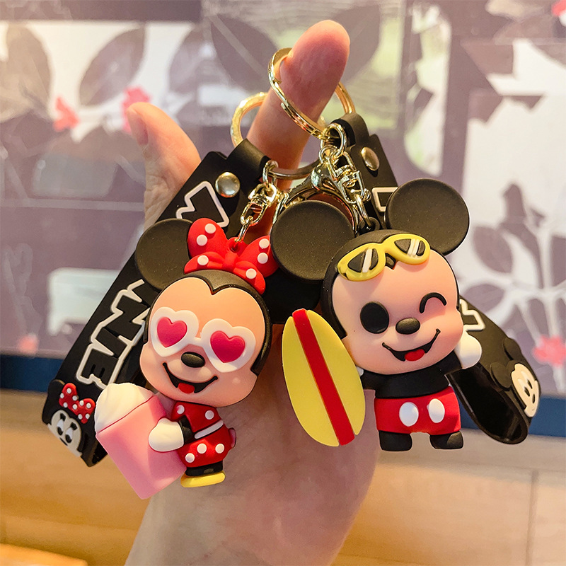 Cute Mickey Minnie Summer Travel Series Keychain Cartoon PVC Doll Bag Package Pendant Car Key Ring