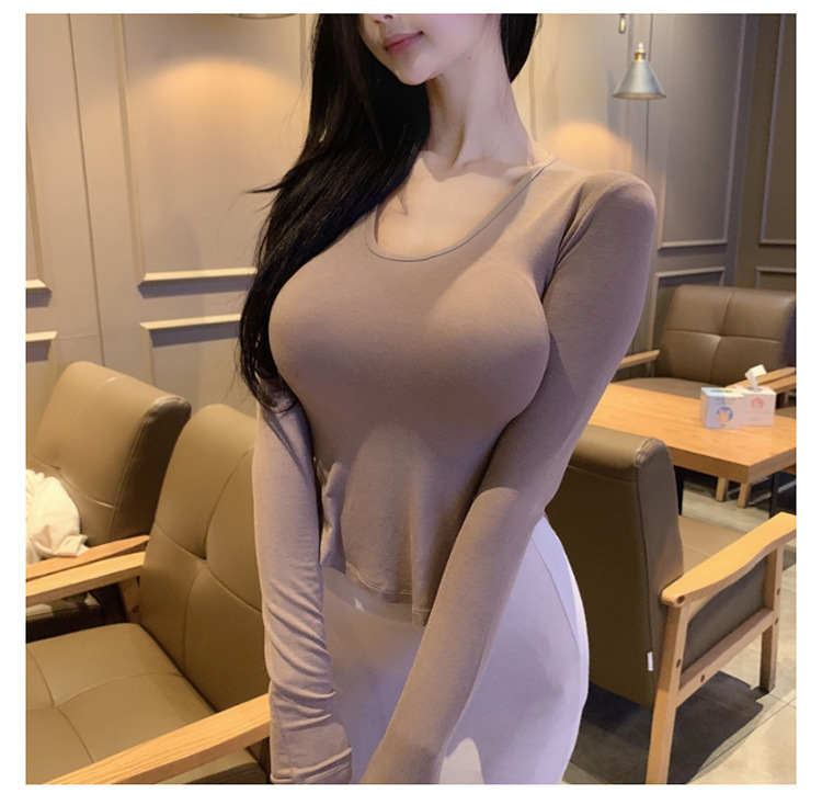大圆领紧身显瘦长袖打底衫显胸大显身材圆弧下摆开叉上衣弹力春秋