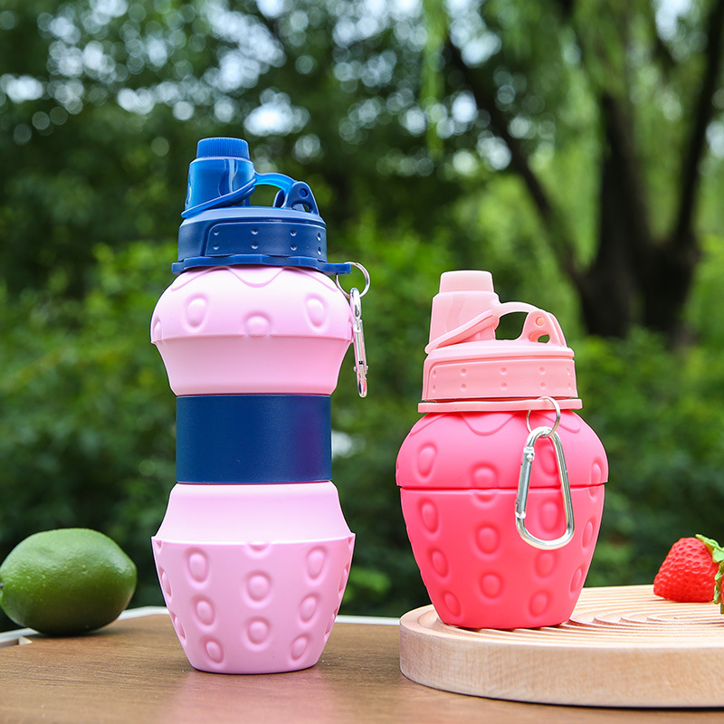 New Platinum Silicone Folding Children's Sports Bottle Cross-Border Strawberry Retractable Water Bottle Water Bottle