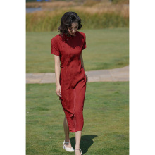 红色旗袍一片式无省民国风年轻款少女全开襟曳地古法传统日常可穿