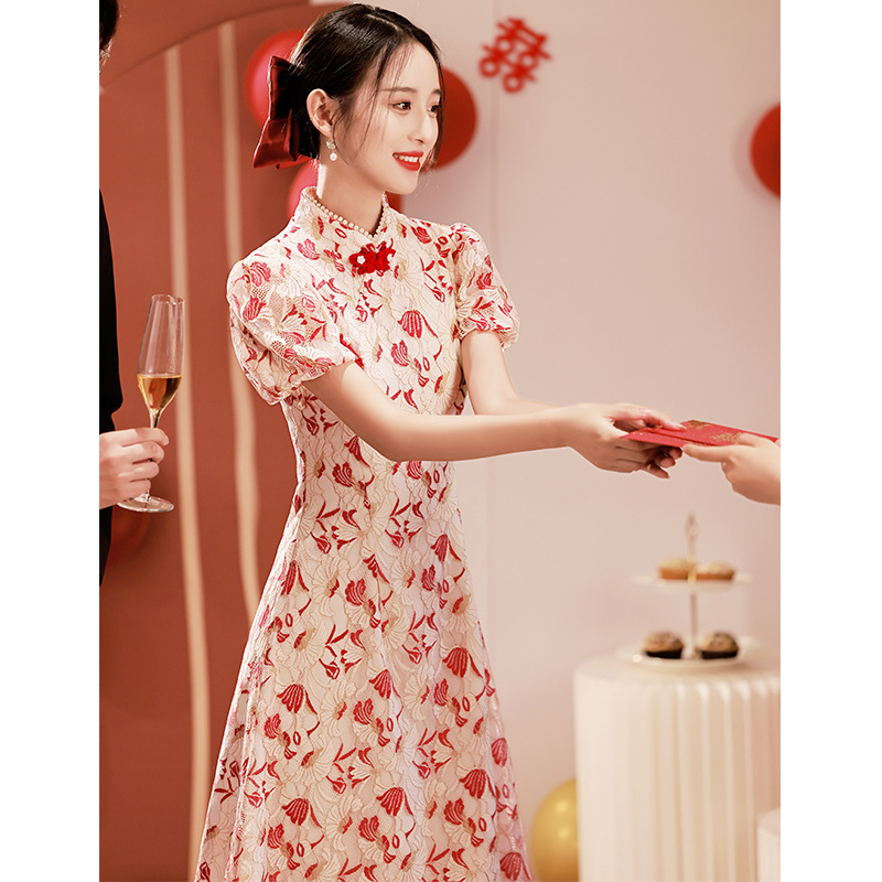 旗袍敬酒服新娘夏季小个子结婚订婚晚礼服酒红色改良回门礼服裙女