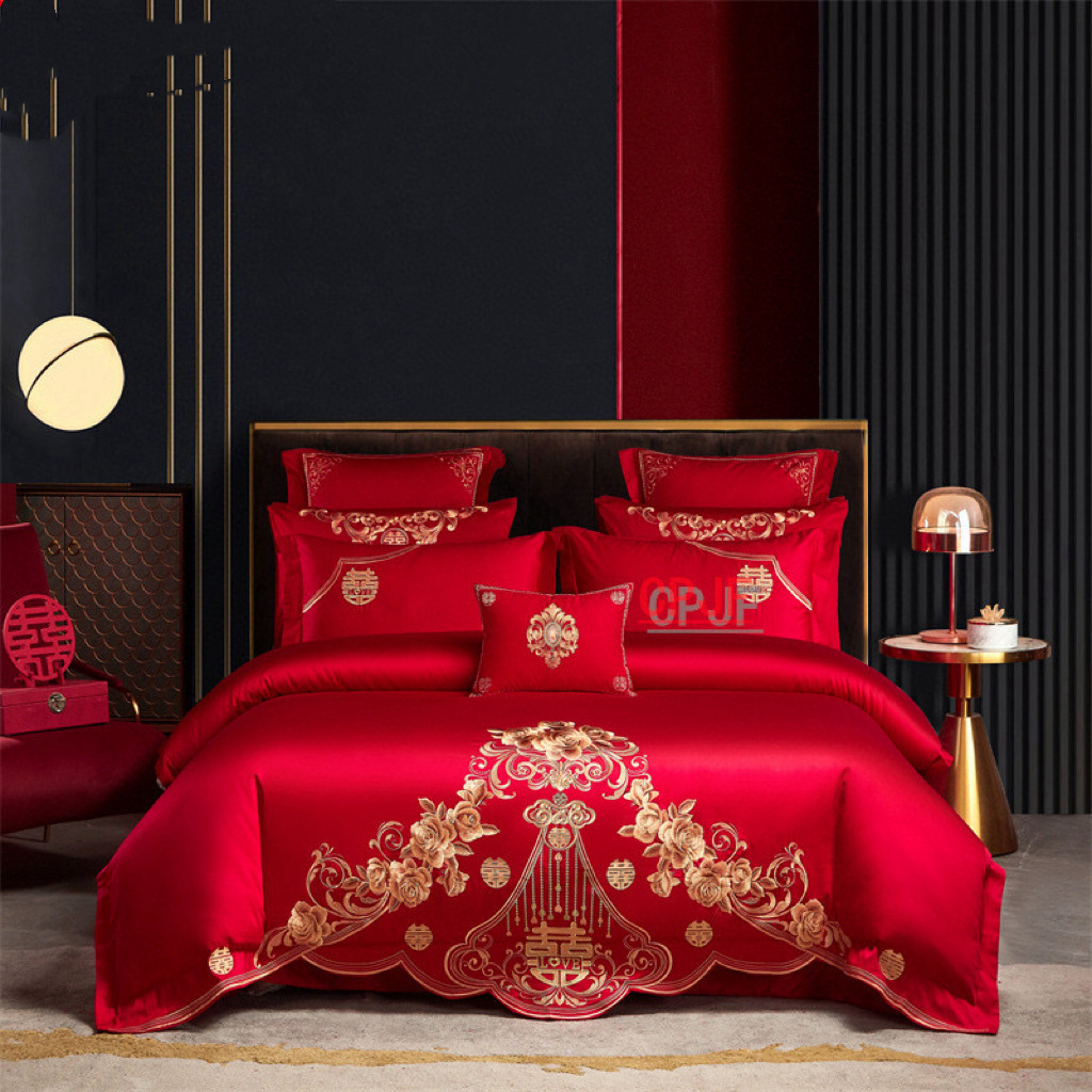 婚庆四件套大红色全棉刺绣结婚床上用品新婚喜被套件纯棉绣花b47