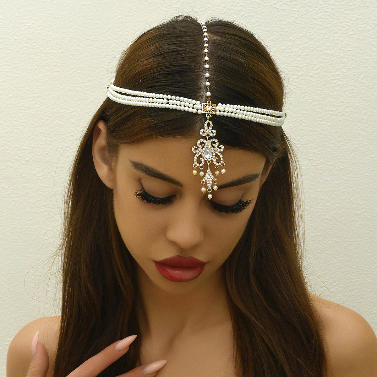 欧美复古镶钻珍珠发链水钻吊坠多层头链头饰