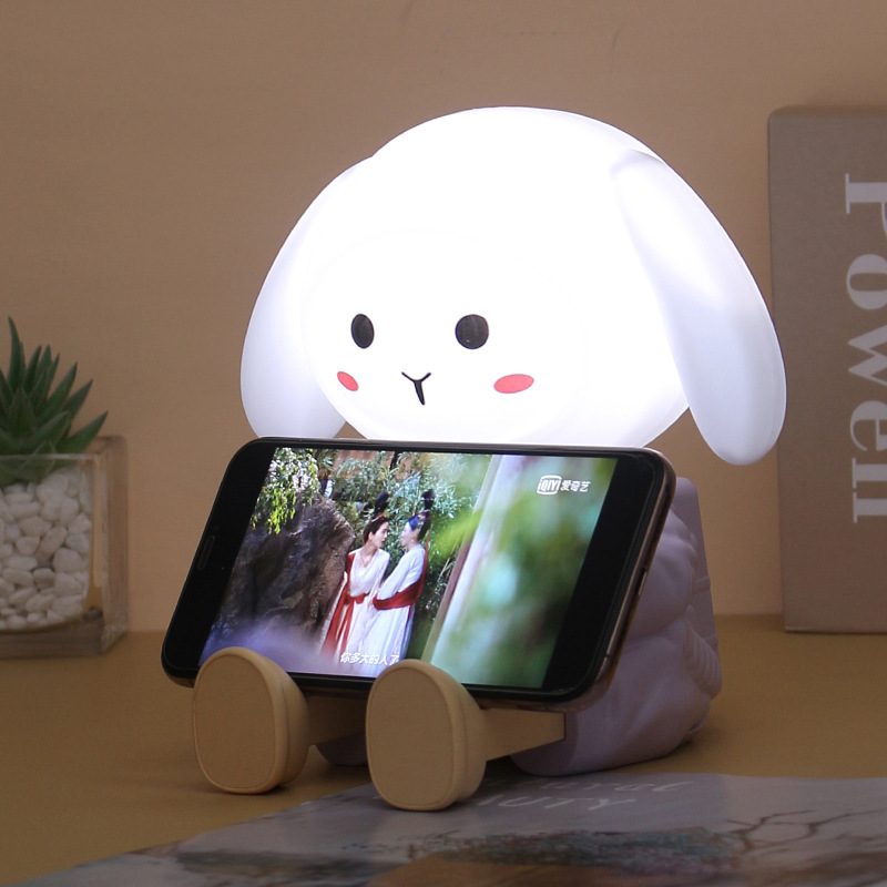 Cross-Border Adorable Rabbit Small Night Lamp Four-Gear Usb Charging Seven-Color Ambience Light Mobile Phone Bracket Bedroom Bedside Table Lamp