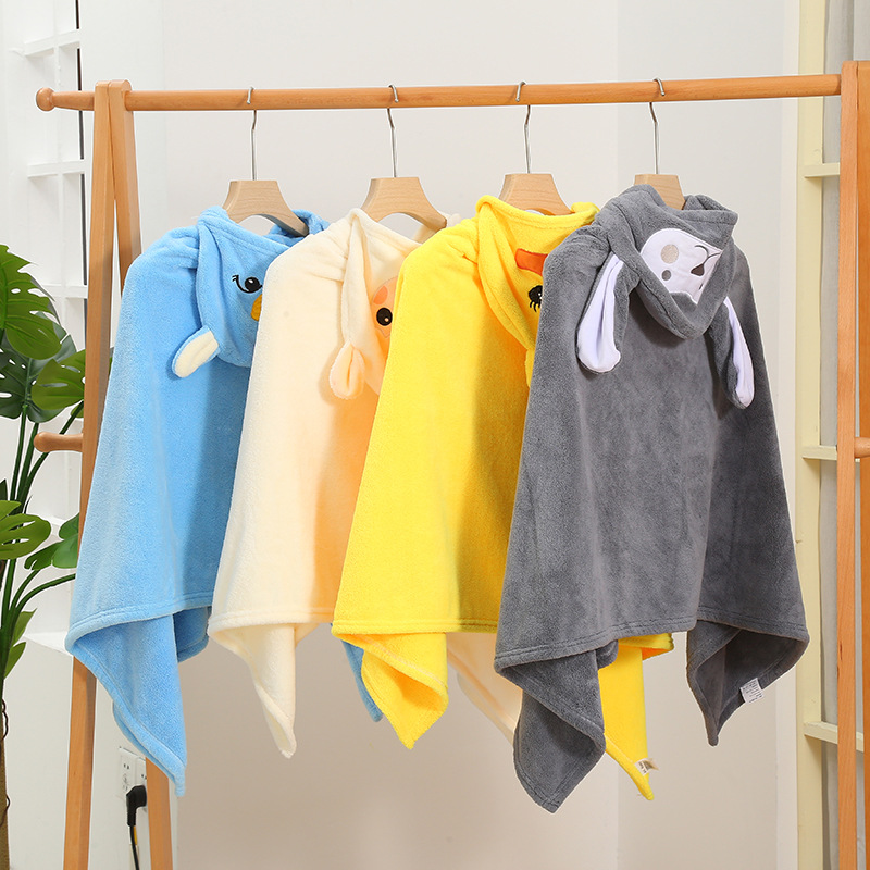 New Children‘s Cloak Bath Towel Cape Coral Fleece Hood Bathrobe Water-Absorbing Quick-Drying Cute Embroidery Cartoon Bath Towel