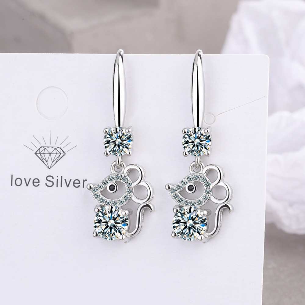 耳环女韩版文艺小清新甜美粉钻锆石可爱鼠耳坠气质短款耳坠耳