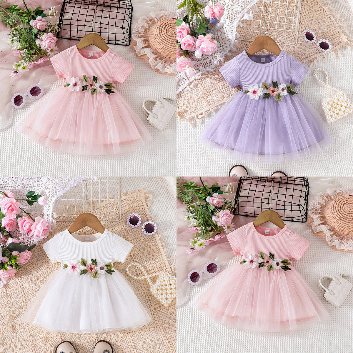 Cross-Border Summer New Girls' Sunken Stripe Short-Sleeved Dress Korean Style Simple Little Girl Embroidered Tulle Skirt