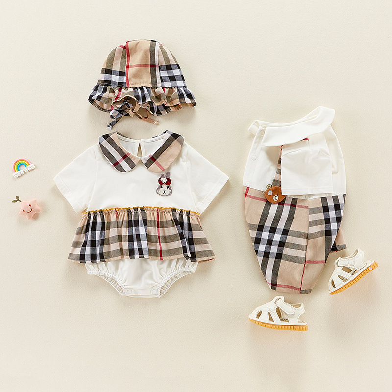 婴儿夏装短袖连体衣男女宝宝姐弟装拼接新生儿衣服双胞胎兄妹装潮