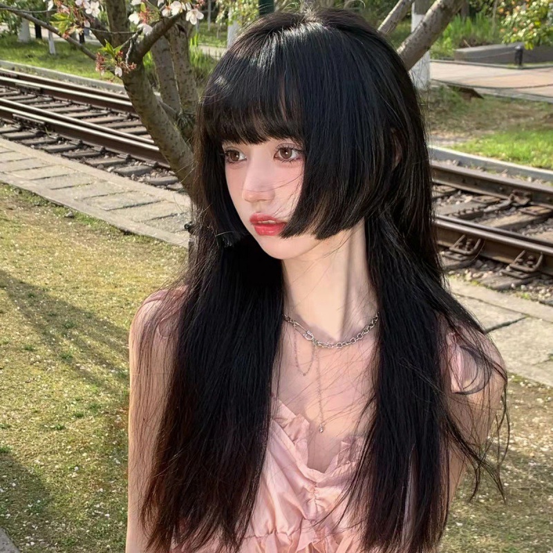 公主切假发网红女长发一刀切日系软妹黑色姬发圆脸长直发仿真头套