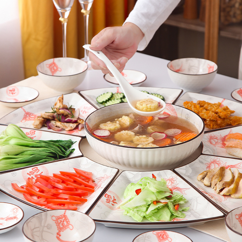 Bowl Plate Set Gift Ceramic Platter Combination Household Chinese Dinner Plate New Year's Eve Dinner Creative New Year Dinner Tableware