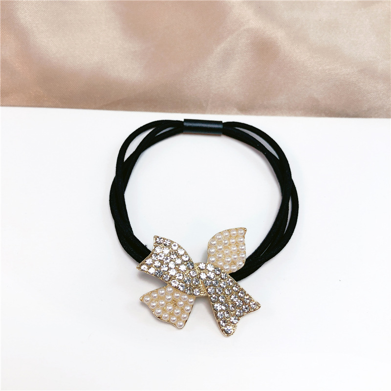 Trending Cute Girl Alloy Full Diamond Bow Pearl Hair Band Hair Accessories for Tying up the Hair Head Rope Girls Rubber Band Hair Rope