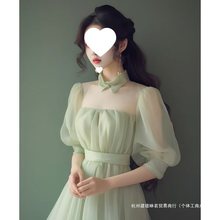 茶歇法式复古气质绝美仙女长裙感海边度假绿色连衣裙子夏季女