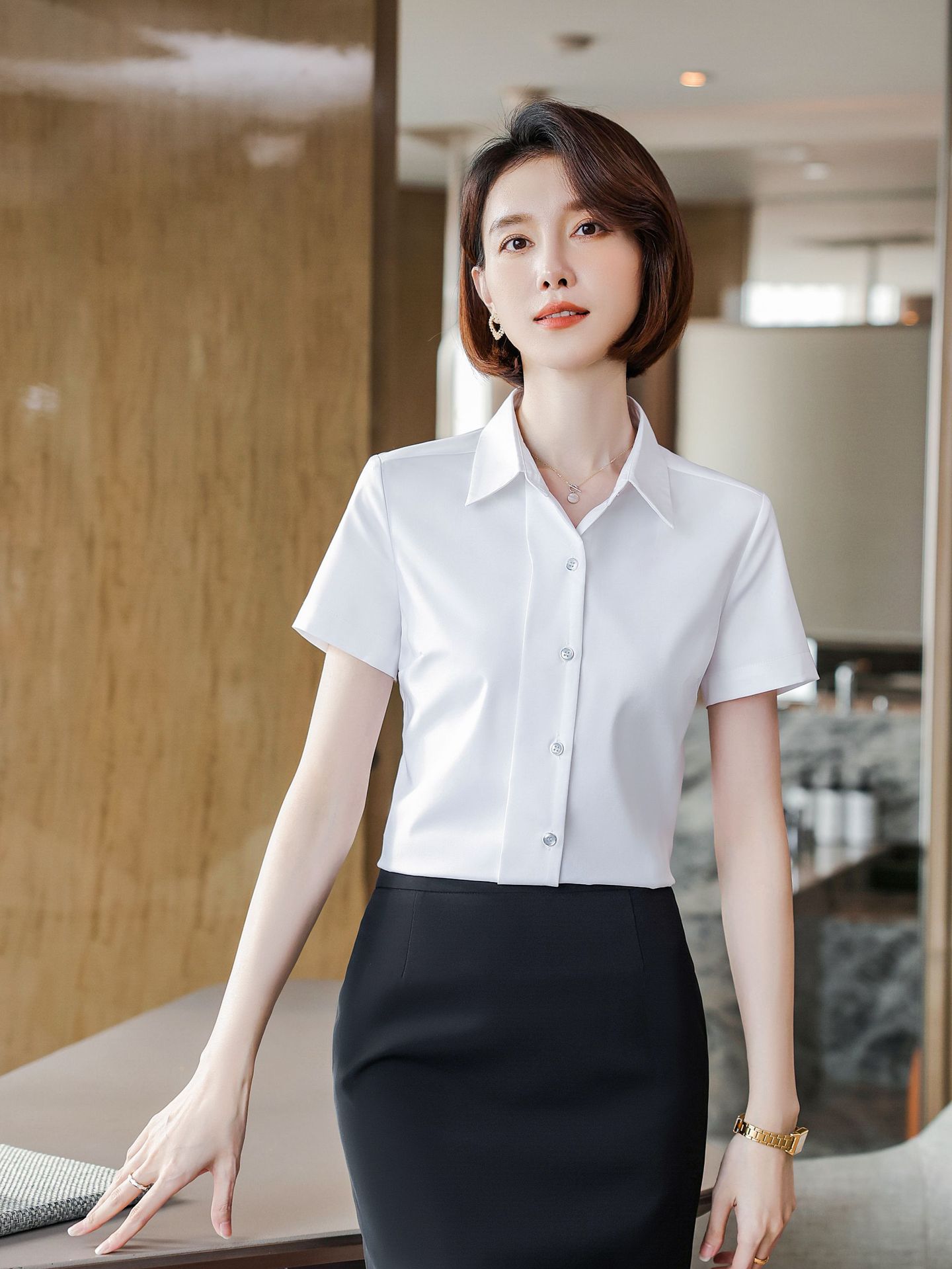 空姐衬衫女短袖翻领职业南航空乘面试珠宝房产销售工作服白色衬衣