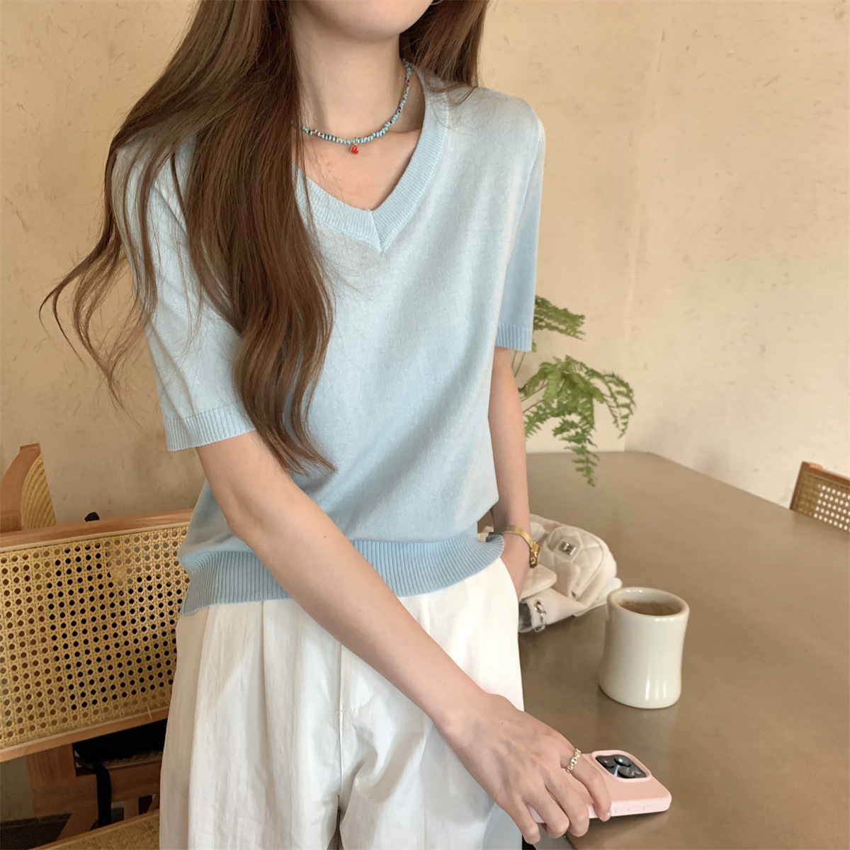 2024夏季韩版女装宽松v领气质百搭网红设计感针织衫短袖bm上衣女