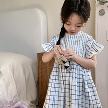 森系复古飞飞袖格子气质连衣裙韩版女童夏季甜美格子裙长裙
