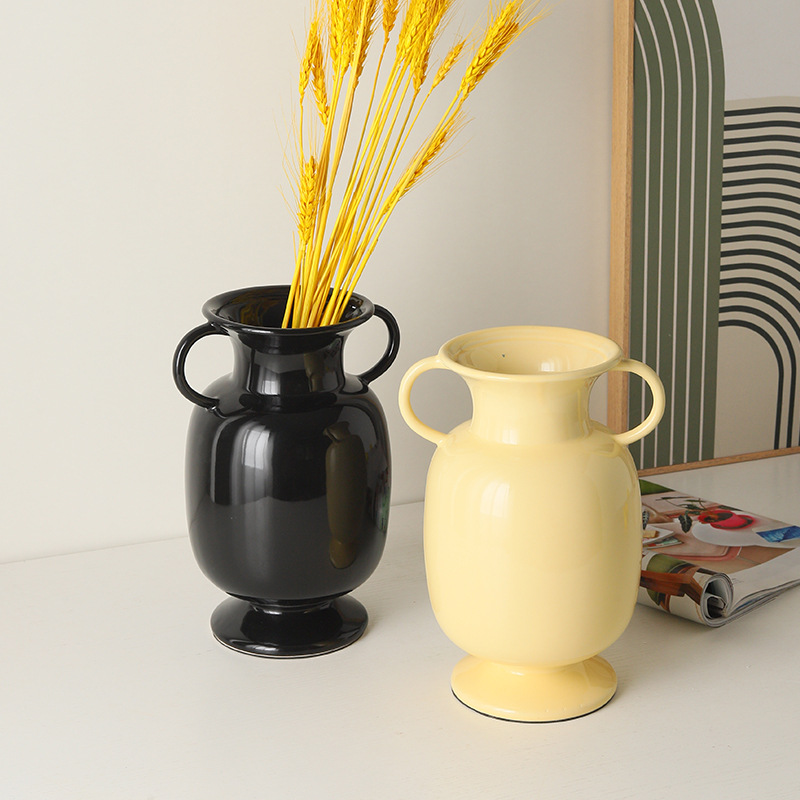 Simple Modern Milky Yellow Ceramic Binaural Vase Nordic Ins Style Flower Arrangement Desktop Decoration Crafts