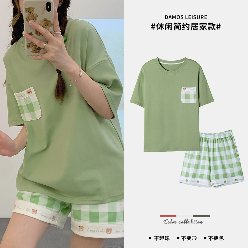 2023 Pajamas Female Summer Short Sleeve Shorts Suit Cotton Korean Style Student Cartoon Cute Loungewear Can Be Worn outside