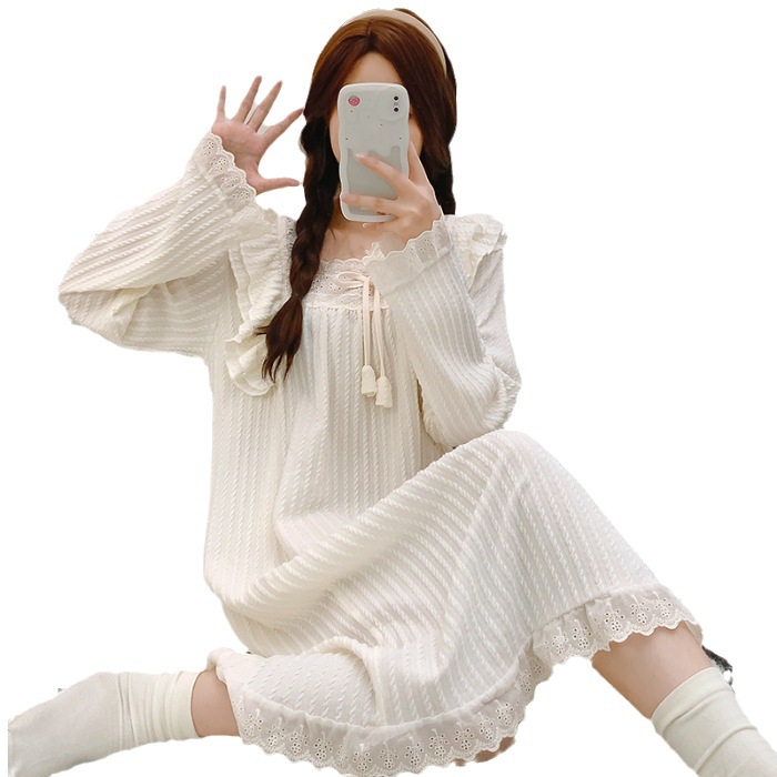 Nightdress Women's Spring and Autumn 6535 Cotton Princess Style Long Sleeve Mid-Length Pajamas plus-Sized Large Size Fat Mm220 Home Wear