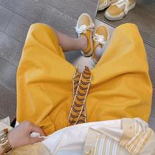 西蒙莱纳夏季潮牌高街新款虎纹织带黄色做旧宽松短裤韩版潮流阔腿