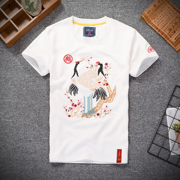 中国风男装刺绣短袖t恤夏 社会精神小伙仙鹤宽松大码国潮半袖体恤