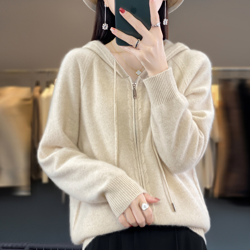 Korean Style Sweater Cardigan Women's Clothes Hooded 2023 Autumn and Winter New Blended Wool Hoodie Double Zipper Sweater Coat