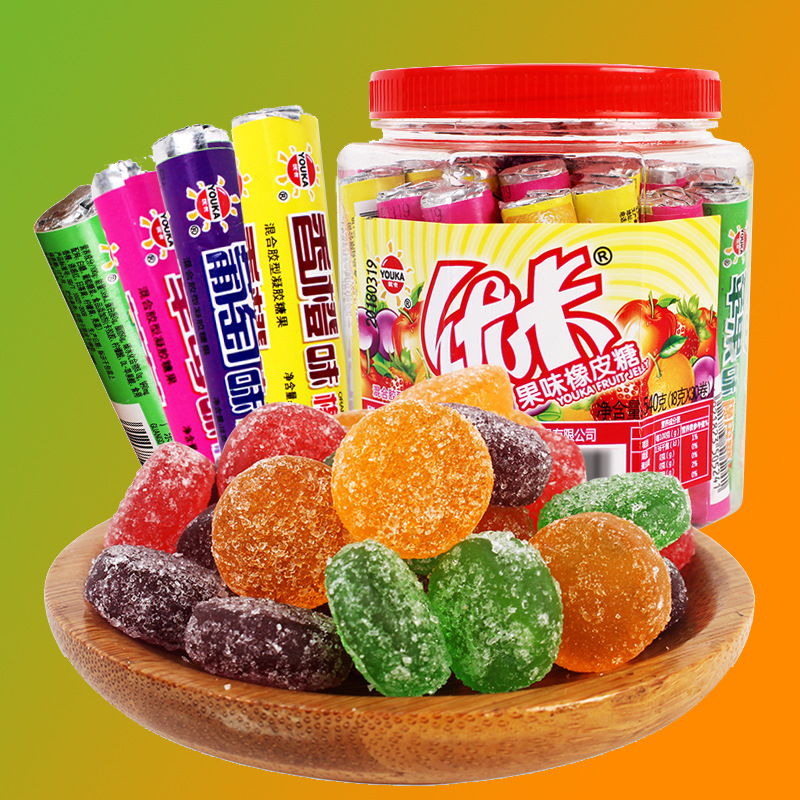 优卡橡皮糖果汁软糖罐装长条水果味软糖80后90后童年怀旧糖果