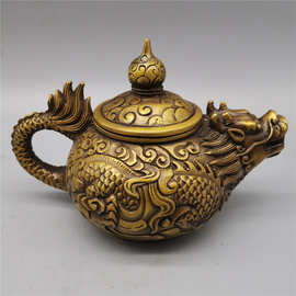 古韵斋 黄铜酒壶摆件 龙头壶嘴龙尾酒壶 家居客厅办公仿古酒壶摆