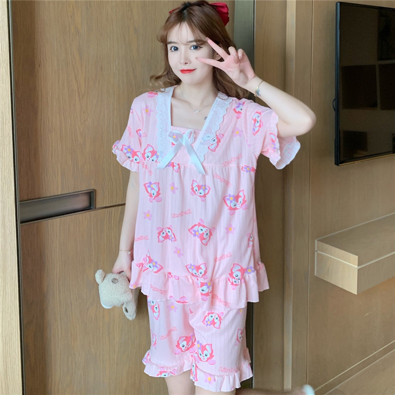 韩版夏季粉狐狸短袖短裤公主风v领花边睡衣女可爱m-3xl加大码套装
