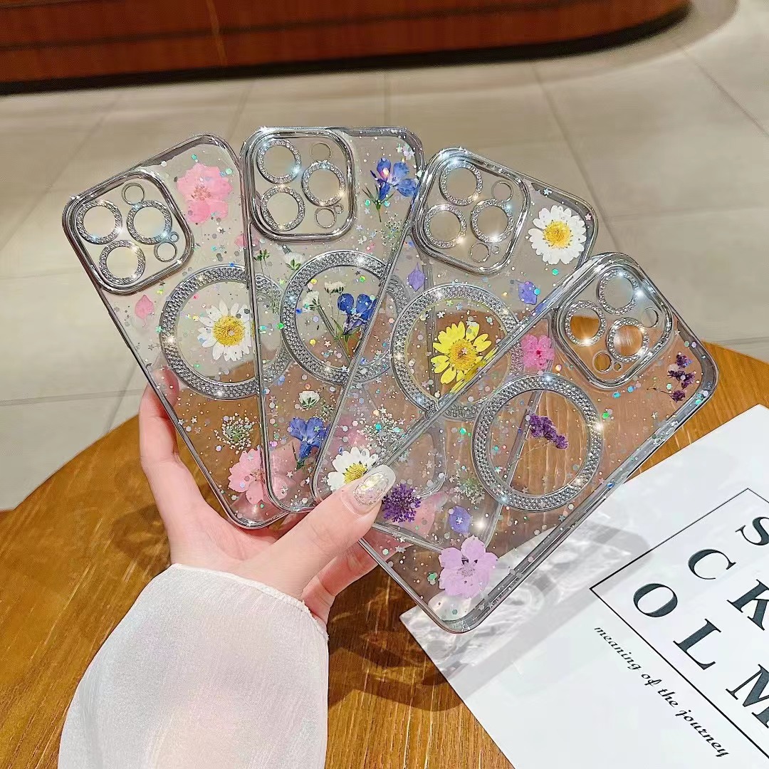 新款适用ip15promax 水晶透明星耀真花滴胶镶嵌水钻石磁吸手机壳