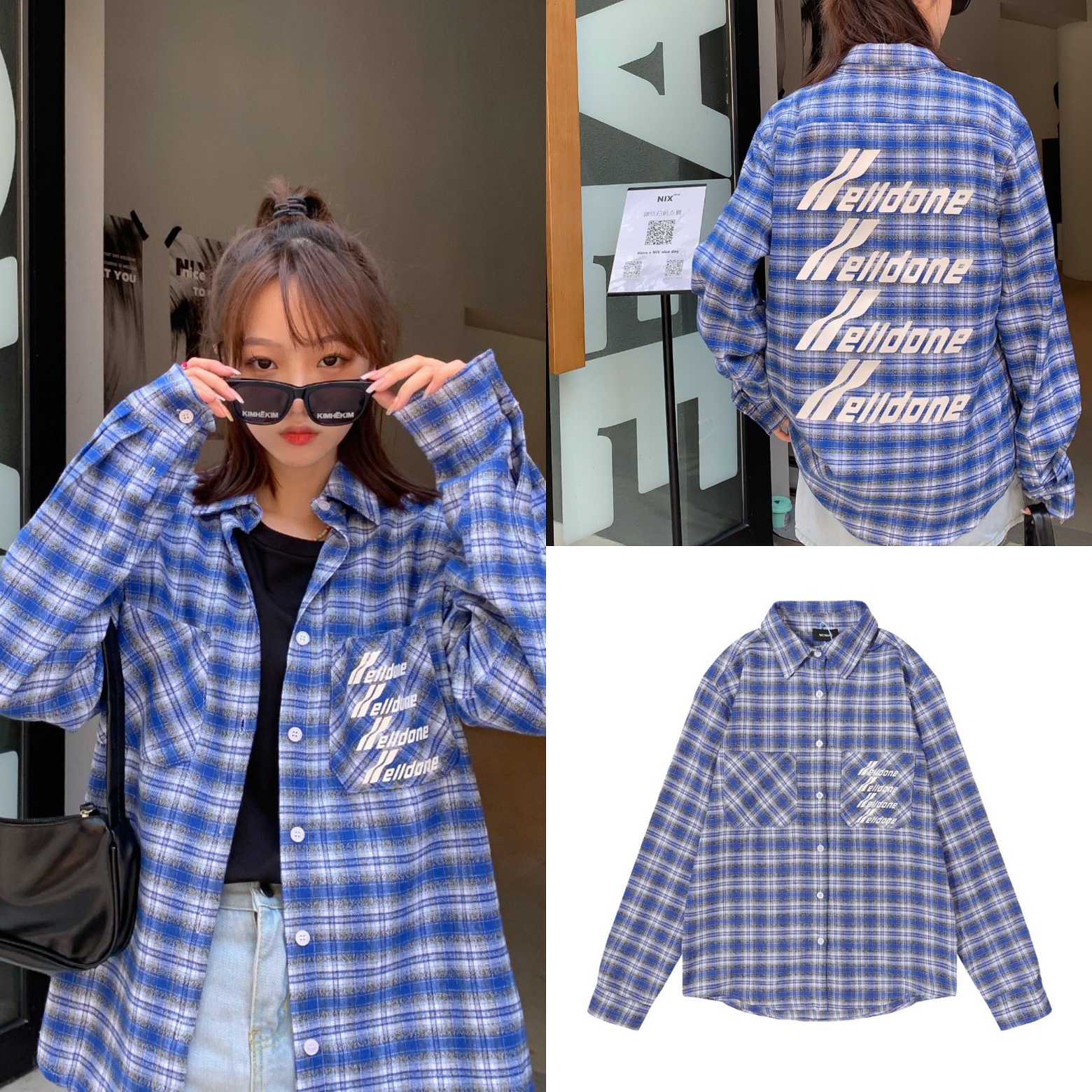 we11 潮牌蓝色格子衬衫女长袖宽松welldone弹幕设计感小众秋冬款