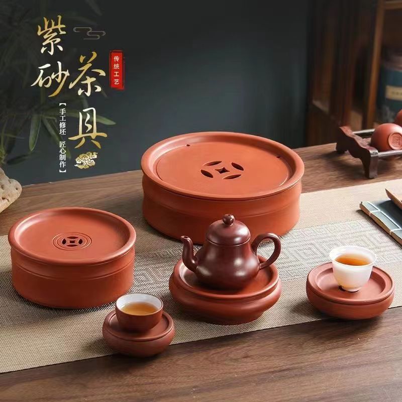 功夫茶具潮州手拉朱泥茶盘家用茶船圆形紫砂双层壶垫