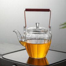 高颜值耐热玻璃提梁壶家用铜柄棱纹提梁壶泡茶壶高硼硅玻璃花茶壶