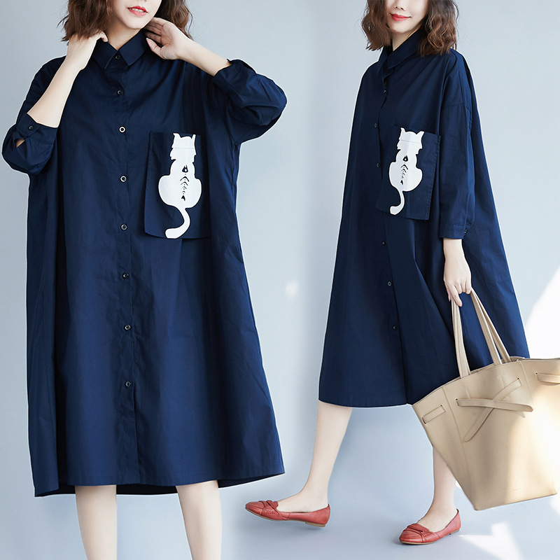 大码女装实拍秋季新品宽松长款衬衫 口袋猫中长款休闲显瘦衬衫裙