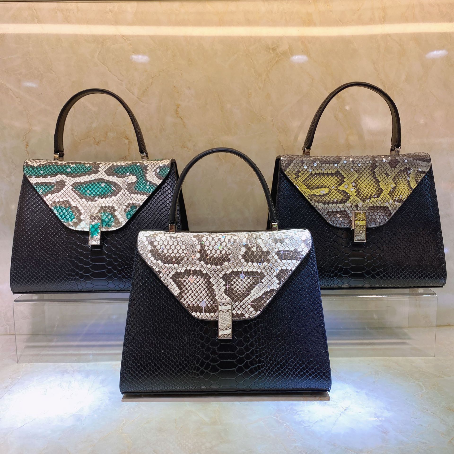 【抖音直播爆款】真皮女包头层牛皮蟒蛇皮欧美时尚女士斜跨手提包