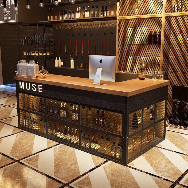 美式复古铁艺吧台餐厅酒店转角实木创意收银台酒吧工业风接待前台