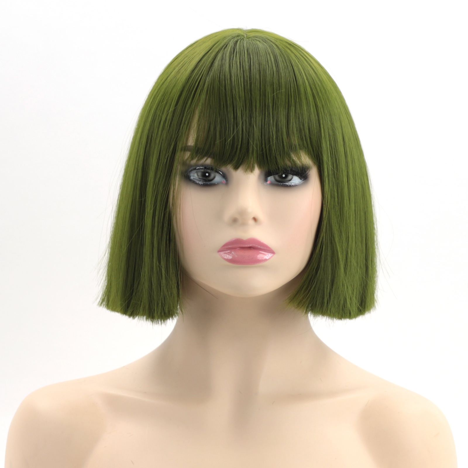 大is鹿卖跨品0w女短发自然渐变绿色卷发修脸气质泡面头锁骨发外贸假发