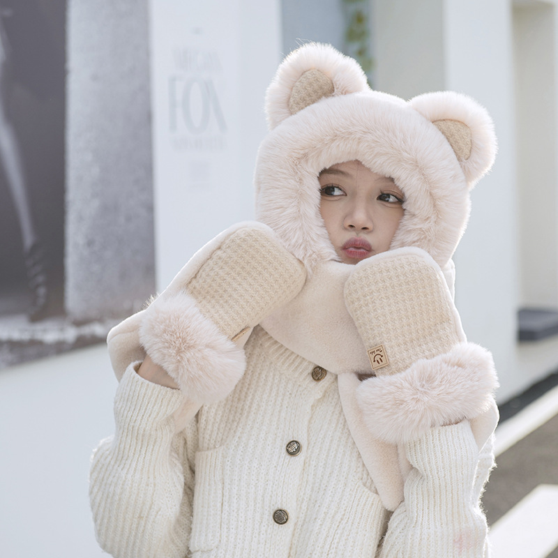 Cartoon Cute Bear Hat Scarf Three-Piece Set Winter Student Scarf Warm Gloves Plush Ear Protection One-Piece Hat