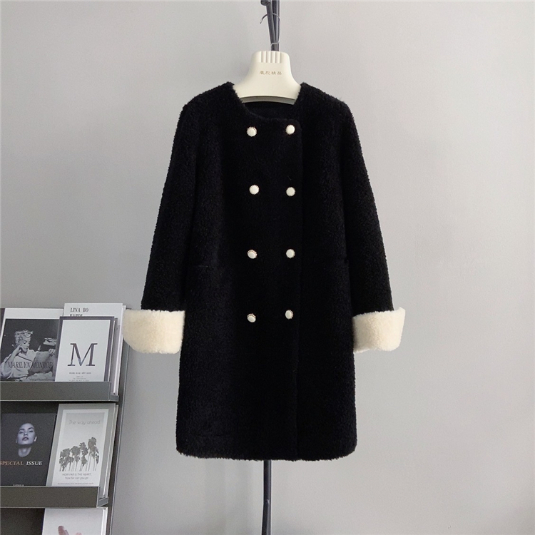 纯羊毛中长款圆领大衣皮草外套羊羔毛大颗粒羊毛复合皮毛一体气质