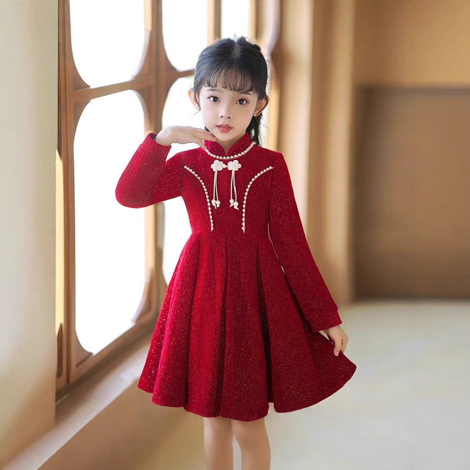 女童喜庆连衣裙冬季2024儿童新款洋气冬装女孩秋冬款生日公主裙子
