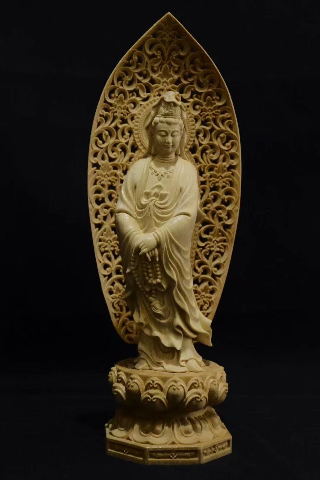 桧木雕工艺品立莲花观世音菩萨27高家居木质摆件背屏可拆