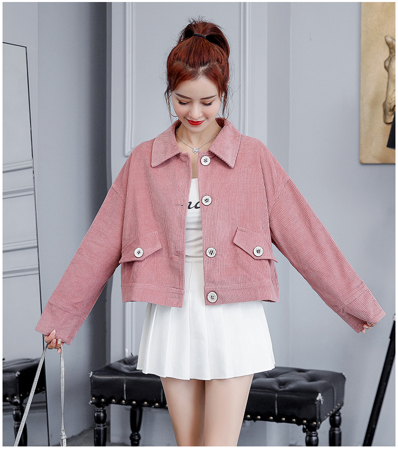 2021新款秋薄款粉色灯芯绒休闲短外套女小个子韩版宽松短款夹克潮